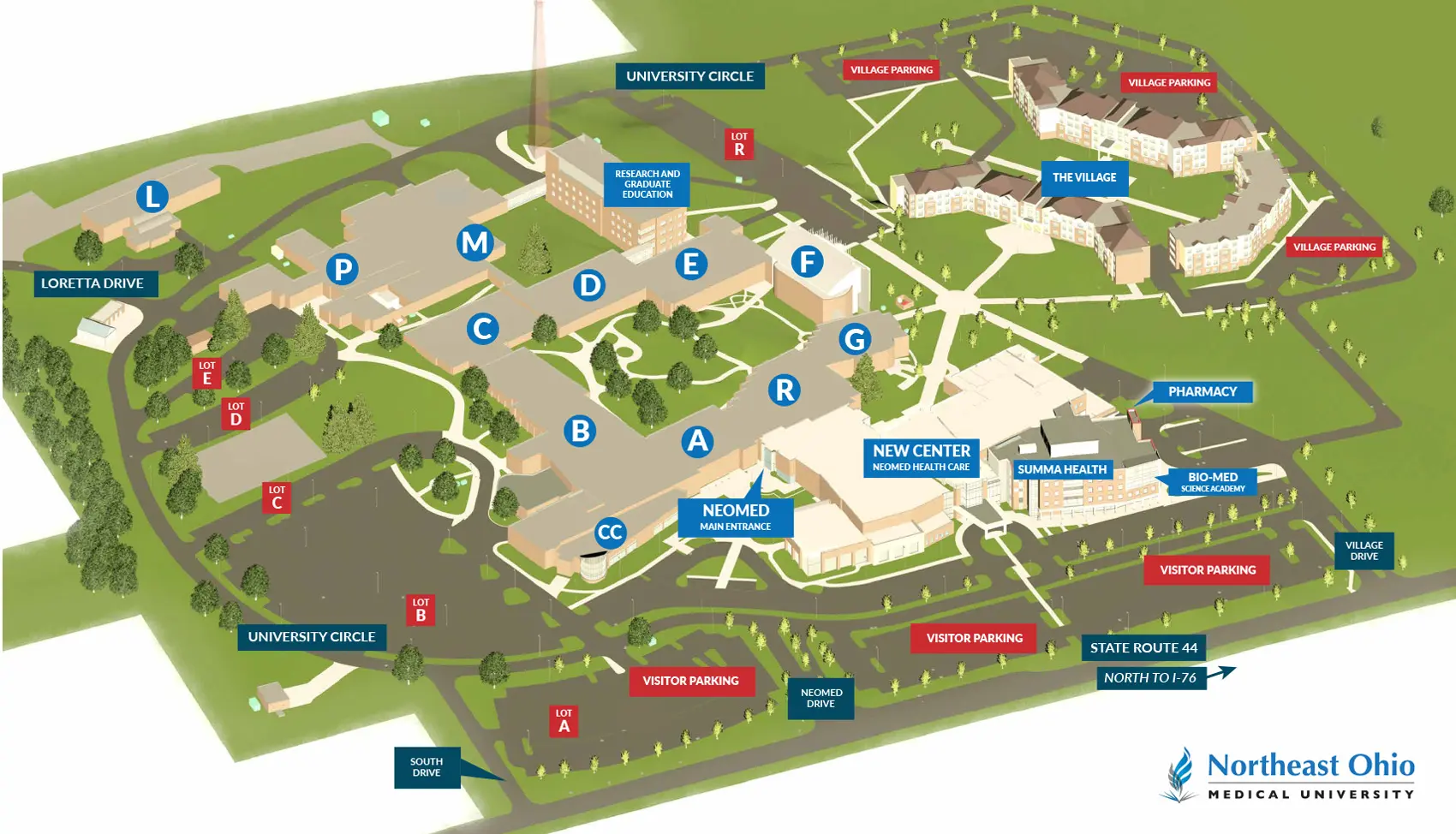 Map of the NEOMED campus in Rootstown, Ohio, showing the NEW Center, Bitonte College of Dentistry, Research and Graduate Education Building, parking areas and accessible entrances. A full text description follows.
